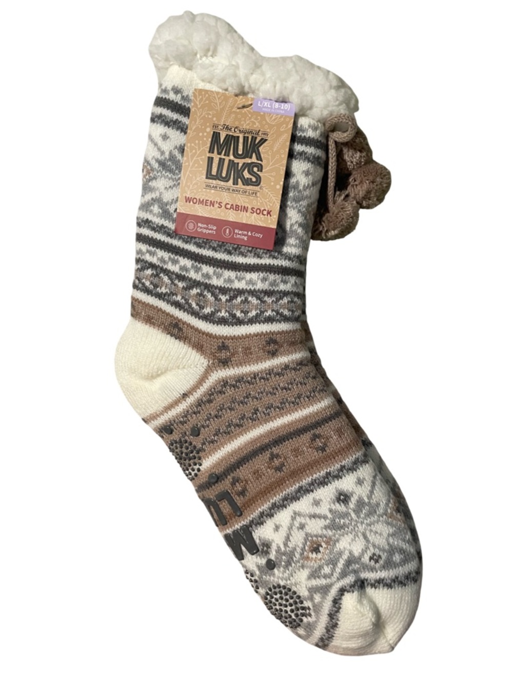 Muk Luks Cream & Brown Patterned Cabin Socks with Fleece Lining